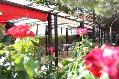 a patio with a table and chairs and pink flowers at Hotel Color in Asenovgrad