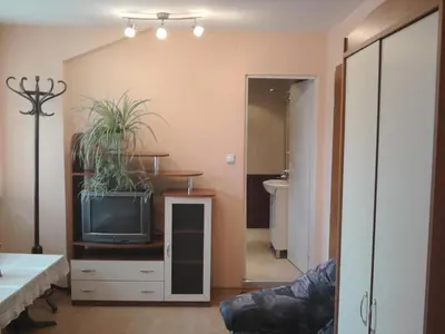 a living room with a tv on a dresser with plants at Aleks Guest House in Samokov