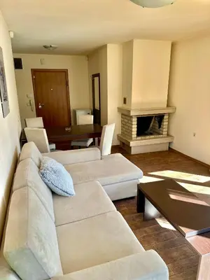 a living room with two couches and a fireplace at House Laudis in Bansko