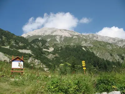 a mountain in the distance with a sign in a field at Hotel Dumanov in Bansko