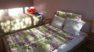 a bedroom with a bed with a floral bedspread and pillows at Cosy place close to the Center in Sofia