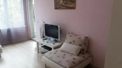 a living room with a chair and a flat screen tv at Cosy place close to the Center in Sofia