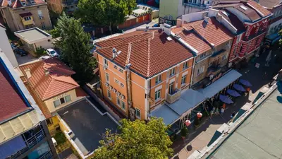 an overhead view of a building in a city at Primavera 2 Hotel in Pazardzhik