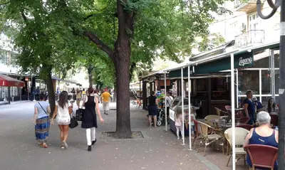 a group of people walking down a street with a tree at Red House in Kyustendil