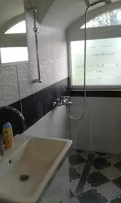 a bathroom with a sink and a shower at Apartment Sagittarius in Kyustendil