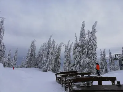 a person in a red jacket standing in the snow at Grand Monastery - Studio Rossa in Pamporovo