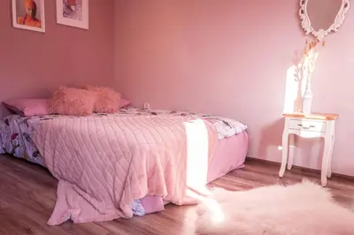 a bedroom with a pink bed with a pink blanket at Baba Taki Apartment in Plovdiv