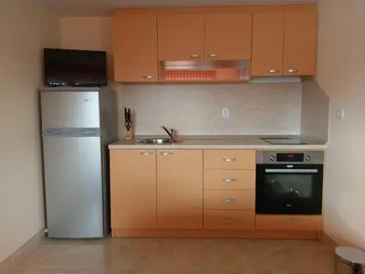 a kitchen with a refrigerator and a sink at Стаи за гости Елени in Shiroki Dol
