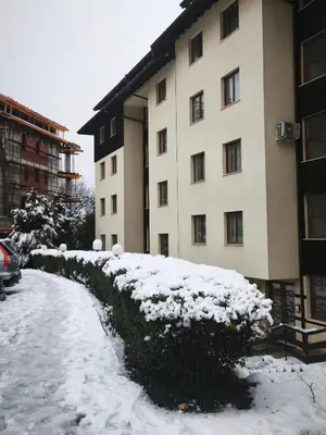 a snow covered hedge in front of a building at the old inn in Bansko