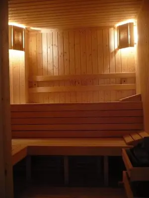 a wooden sauna with two lights on top of it at Hotel Villa Ofir in Sandanski
