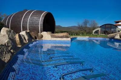 a swimming pool with a barrel and chairs next to it at Wine & Spa Complex Starosel in Starosel