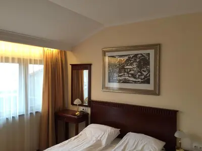 a bedroom with a bed and a picture on the wall at Downtown Alexander Services Apartments in Bansko