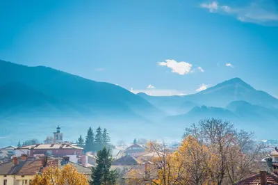 a view of a town with mountains in the background at Pri Ani Guest House in Bansko