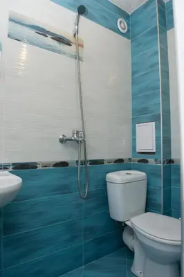 a blue bathroom with a toilet and a shower at St.St. Constantine and Helena in Sandanski
