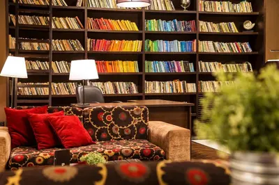 a couch with red pillows in front of a book shelf at Hotel Perun Lodge in Bansko