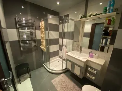 a bathroom with a shower and a sink at Апартамент Мегилукс in Blagoevgrad