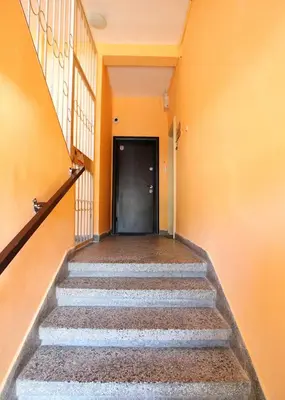 a hallway with stairs and a black door at NIKI Apart in Sofia