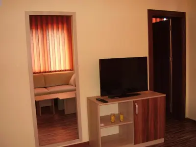 a living room with a television and a chair at Guest House Goranovi in Velingrad
