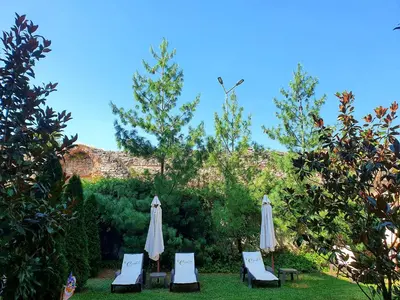 two white umbrellas and two chairs in the grass at C Comfort Hotel & Wellness in Hisarya