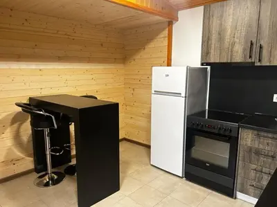 a kitchen with a white refrigerator and a stove at Romantica Forest Guest House in Dospat