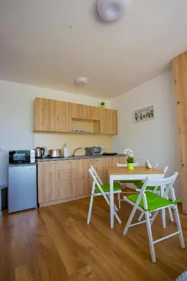 a kitchen with a table and chairs in a room at Apartment IVA - Iglika 2 in Borovets