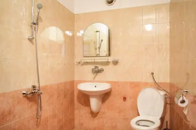 a bathroom with a toilet and a sink and a shower at СТАИ ЗА ГОСТИ МЗ-ДЕВИН in Devin