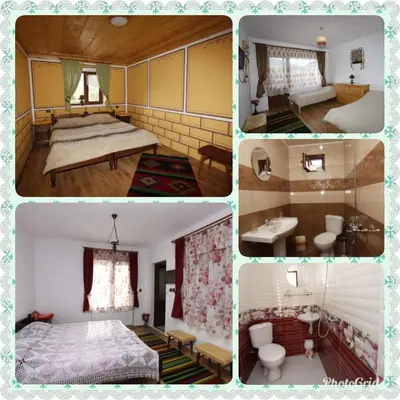 a collage of four pictures of a bedroom at Радкината къща in Koprivshtitsa
