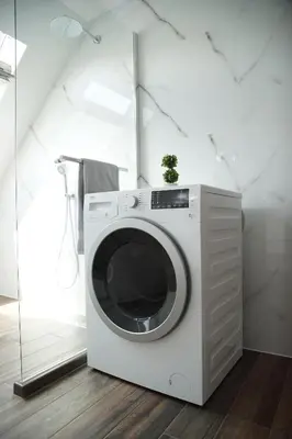 a white washing machine in a room with a plant at Roma Apartment in Sandanski