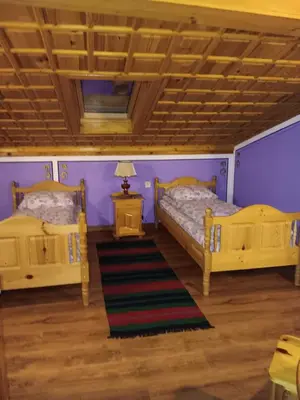 two beds in a room with purple walls and wooden ceilings at Стаи за гости Дончо Войвода in Koprivshtitsa