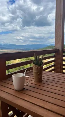 a wooden table with a cup and a plant on a balcony at Private Apartment Maxim in Bansko