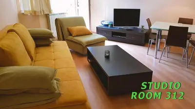a living room with a couch and a tv at Villa Park Studio&Double room in Borovets