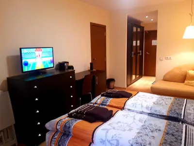 a bedroom with two beds and a television on a dresser at Villa Park Studio&Double room in Borovets