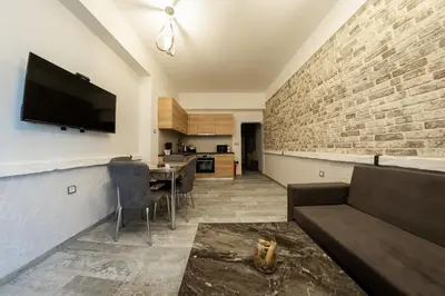 a living room with a couch and a brick wall at Sofia Downtown Life Apartment in Sofia