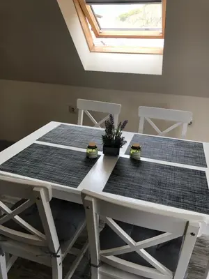 a white dining room table with black mats on it at Sunpark Apartment in Sandanski