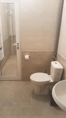 a bathroom with a toilet and a shower and a sink at Вила Керенски in Ribarica