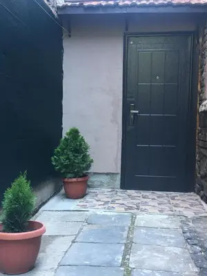 a black door with two potted plants in front of it at Нощувки Пловдив Тепето Plovdiv Hill in Plovdiv