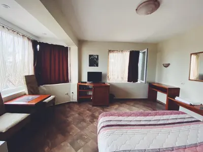 a bedroom with a bed and a desk and a tv at Hotel Fancy in Sofia