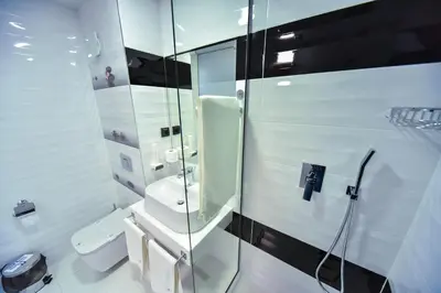 a white bathroom with a shower and a toilet at Стаи за гости Десита in Blagoevgrad