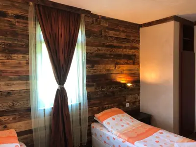 a bedroom with a wooden wall and a window at Pamporovo Villa in Pamporovo