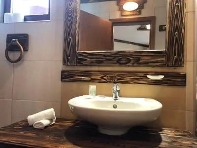 a bathroom with a sink and a mirror at Pamporovo Villa in Pamporovo