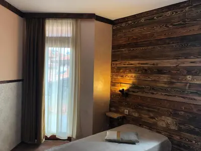 a bedroom with a wooden wall with a bed and a window at Pamporovo Villa in Pamporovo