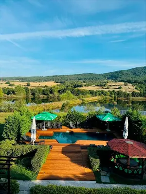 an aerial view of a pool with umbrellas at Планински кът in Dorkovo