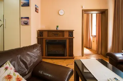 a living room with a couch and a fireplace at The Rocky House - Central & Private 2BDR by Flat Mаnager in Plovdiv