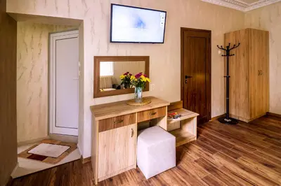 a room with a vanity with a vase of flowers at Trite Bora Guest House in Narechenski Bani