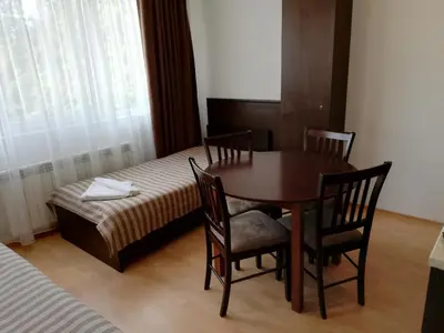 a room with a table and chairs and a bed at Iglika 2, V9 in Borovets
