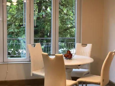 a dining room with a table and chairs and two windows at ViITOSHKA Apartment in Sofia