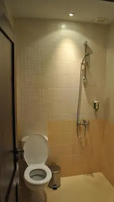 a bathroom with a toilet and a shower at Хотел Планински кът in Dorkovo