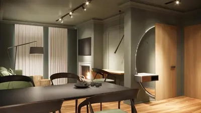 a living room with a table and chairs and a mirror at Luxury Green Apartment - up to 4 people in Bansko