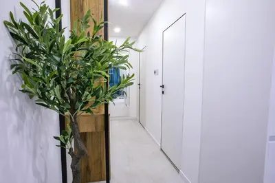a hallway with a plant next to a white door at South Place Apartments in Sandanski