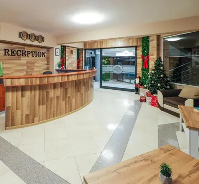 a lobby of a store with a christmas tree at Family Hotel Gotse Delchev in Gotse Delchev
